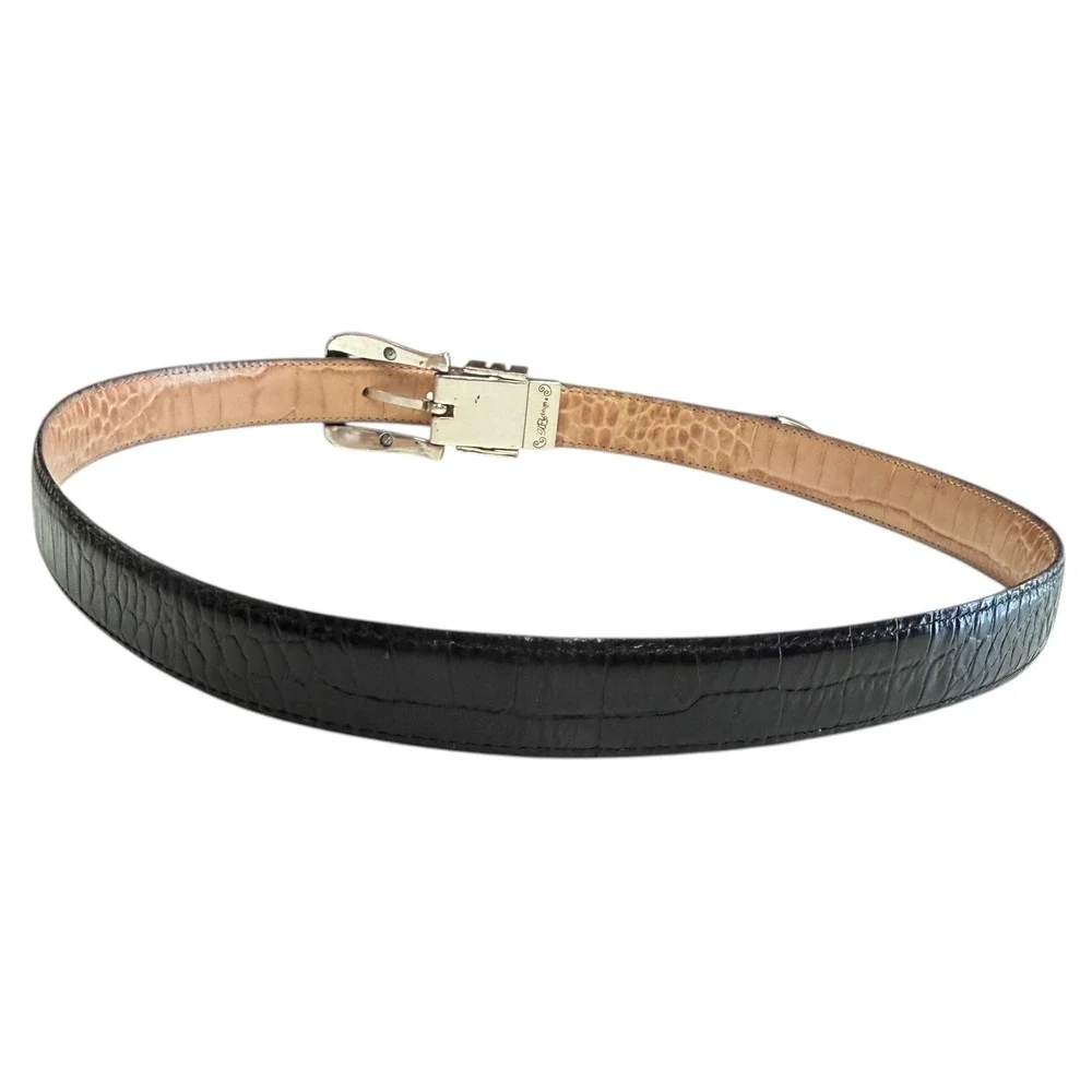 Brighton Womens Reversible Black Tan Belt Embossed Leather Silver Gold Buckle XL